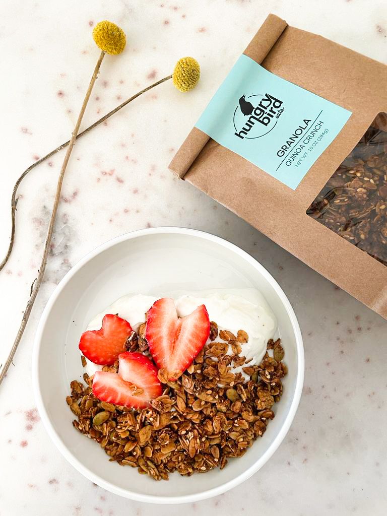 QUINOA CRUNCH GRANOLA Dried white mulberries and vanilla Hungry Bird Eats